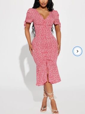 Fashion Nova Pink Floral Midi Dress with Front Slit